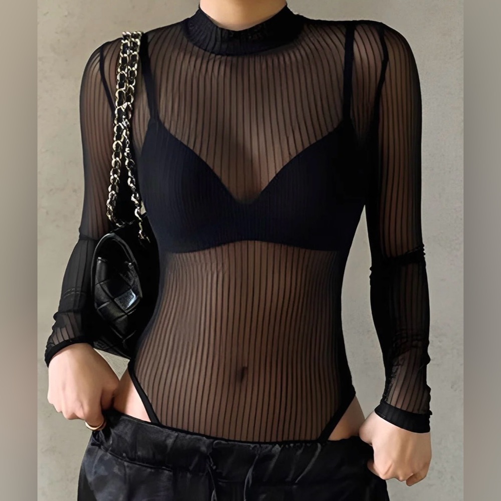 NEW Commense Sheer Mesh Open Back Cutout Bodysuit / Size S